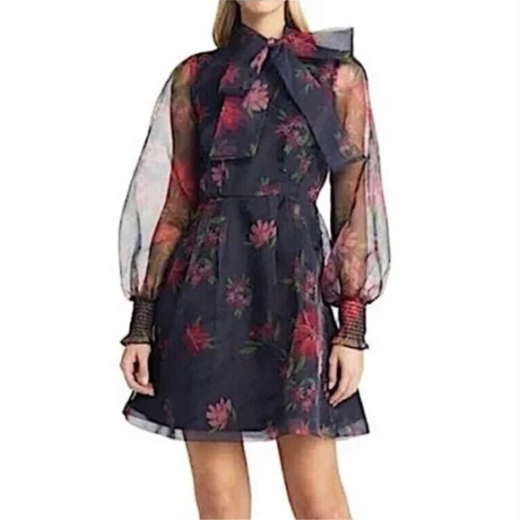 RACHEL PARCELL Floral Tie Neck Long Sleeve Balloon A Line Dress Navy Blue US 8 - Picture 1 of 4